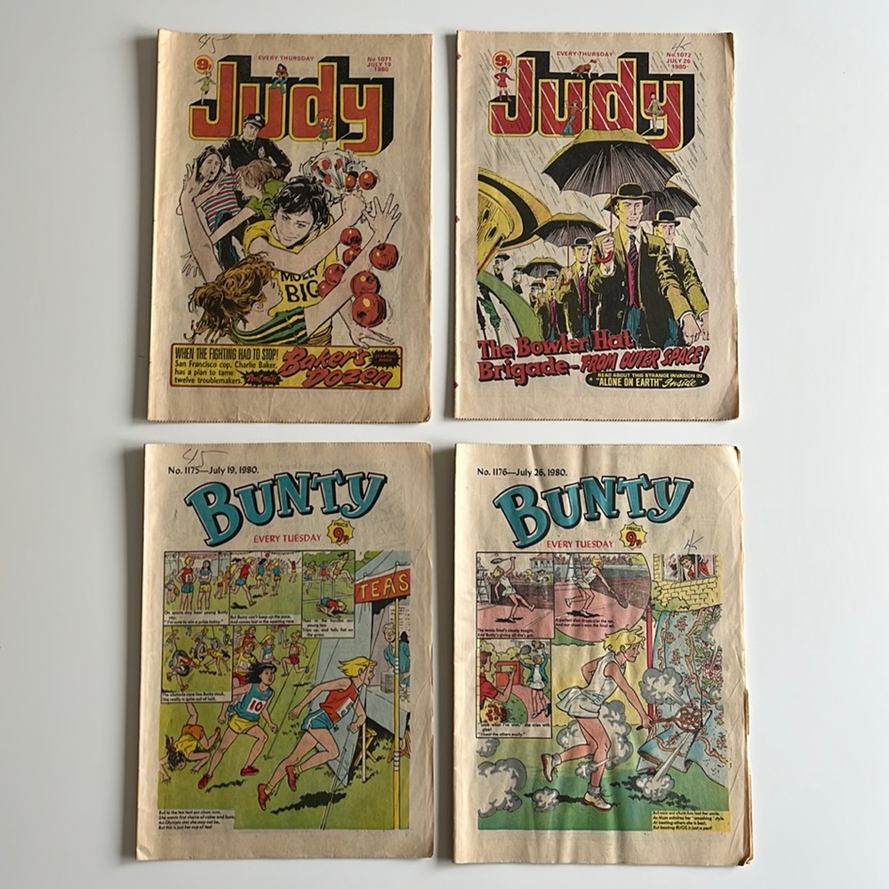 4 Comic Lot JUDY #1071-1072 / BUNTY #1175-1176 UK 1980 Vintage Comic Books